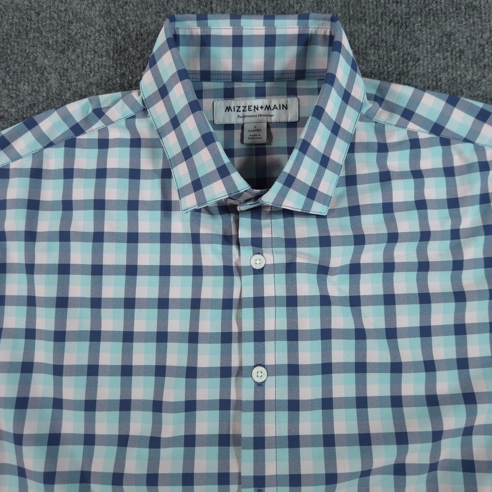 Mizzen+Main Performance Men's L Blue Green White Checked Long Sleeve Shirt